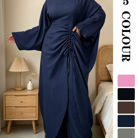 Muslim Modest Two-Piece Set, Clothing, Crepe Texture Fabric, Batwing Sleeve Top with Side Drawstring & Elastic Waist Wide-Leg Pants, Available in 5 Colors & 5 Sizes, for Commute/Prayer/Dating (Hijab Not Included)