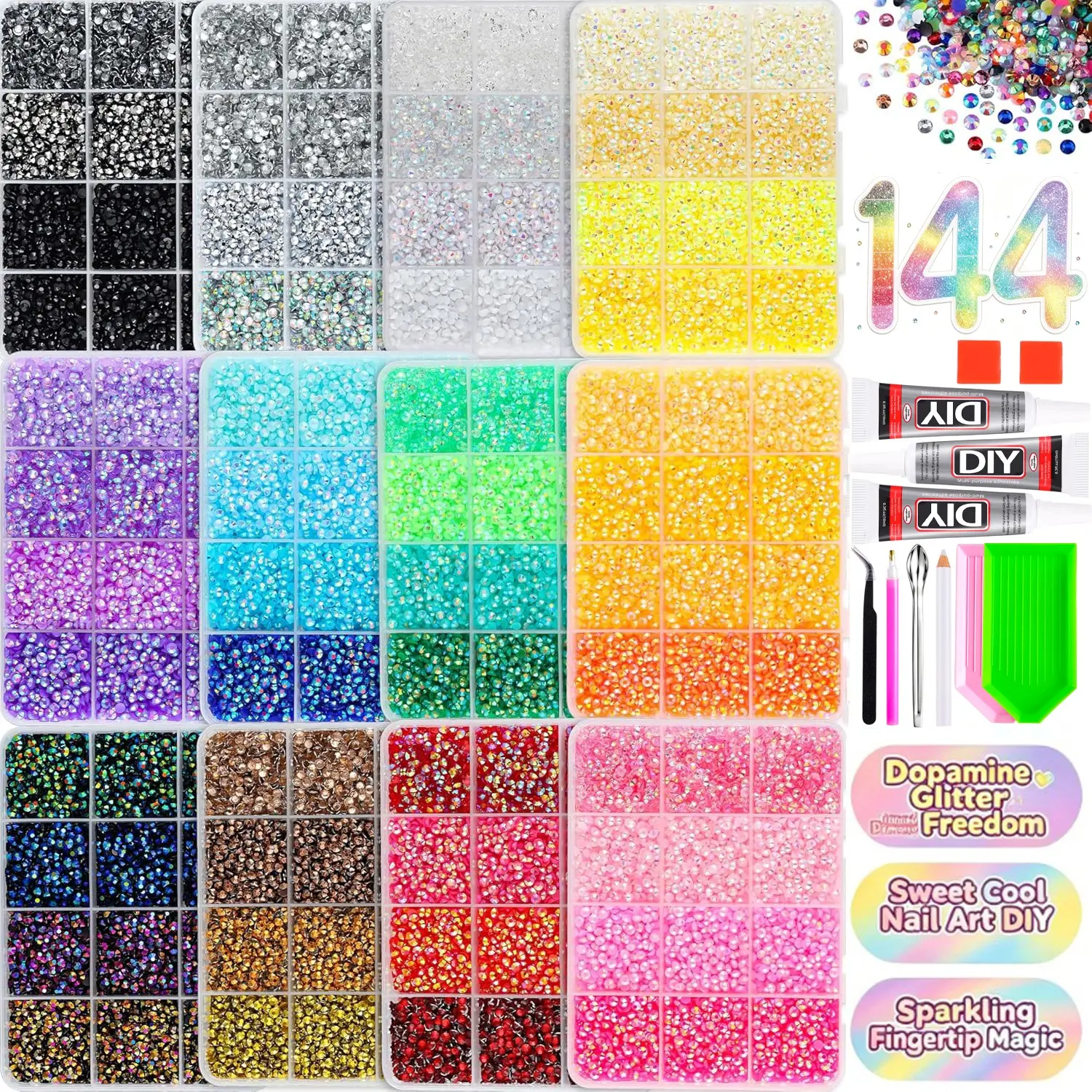 12Boxes-144 Colors Bling AB Dopamine Mini Semi-circular Rhinestone Bedazzling Kit 3mm New Creative Jelly Flatback Resin Nail Crystal Gems DIYTumblers Book Cover Nail Art Crafts