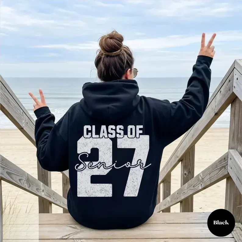Men's Unisex Retro School Class Of 2027 Senior Double-Sided Cotton Blend Hoodie - Personalized Front Name, Distressed Back Graduation Graphic, Kangaroo Pocket, All-Season Basic Top