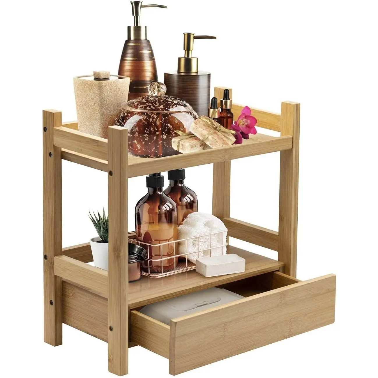 Natural Finish Wooden 2-Tier Rectangular Makeup Organizer with Hidden Drawer+Shelves - Compact House Organizers for Skincare, Toiletries - Countertop Stand for Bathroom Vanity, Kitchen
