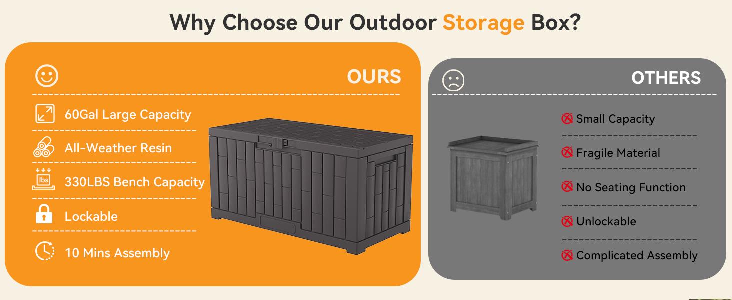 60 Gallon Deck Box, Waterproof Outdoor Storage Box with Lockable Lid, Patio Furniture Bench & Side Table, Outside Storage Container, Tool-Free Assembly, for Garden, Pool, Brown