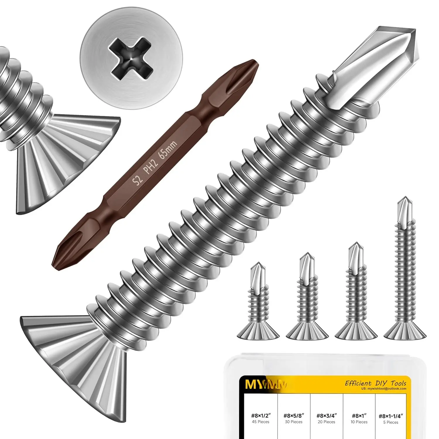 110 count #8 Flat  Sheet Metal Screws  Kit, 410 Stainless Steel Self Tapping Screws Self-Drilling Screw for Metal , Windows, Ceilings, Sliding Doors, Railings