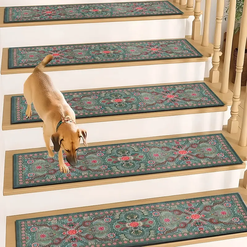 6/8/15pcs Diatom Mud Stair Treads, Super Absorbent Non Slip Carpet Mats for Wood Steps, Quick Drying Moisture Wicking Stair Runners, Anti Slip Washable Rugs for Dogs Kids Elderly,Vintage Teal Boho Floral Mandala