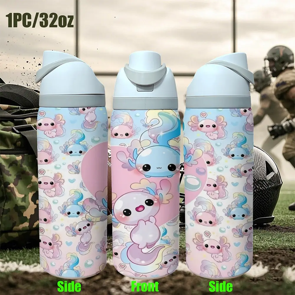 1pc 32oz / 950ml Axolotl 304 Stainless Steel Water Bottle, Water Bottle Flask, Bouncing Lid with Portable Handle, Leakproof Reusable, Dual Suction & Direct Drink Design, Vacuum Insulated Travel Sports Tumbler, Axolotl Themed Gift