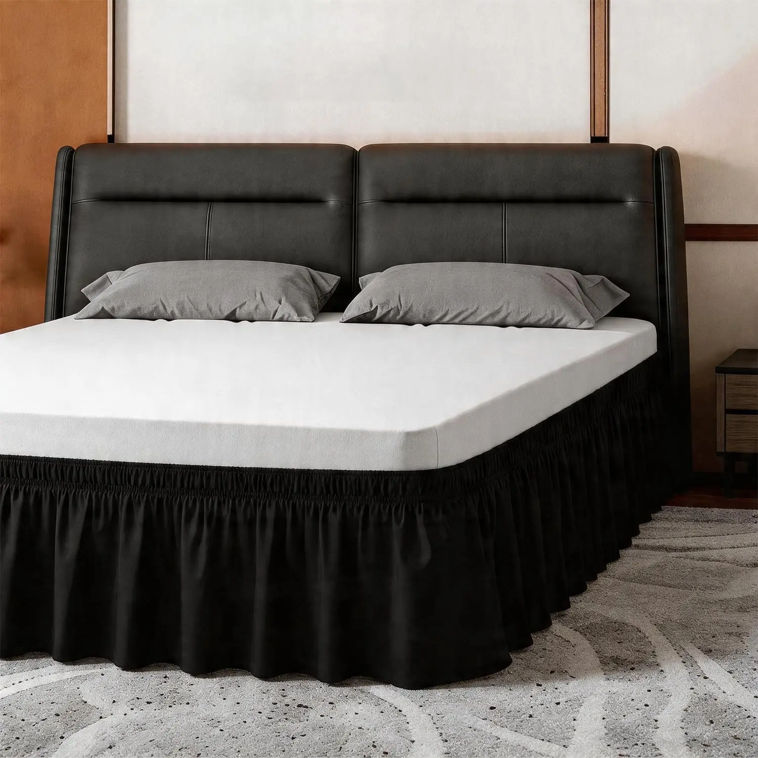 Queen Bed Skirt, Elastic Wrap Around Bed Skirt Queen Size, Bed Skirts for Bed, with 14" Drop Length Tailored Drop Dust Ruffle (Black)