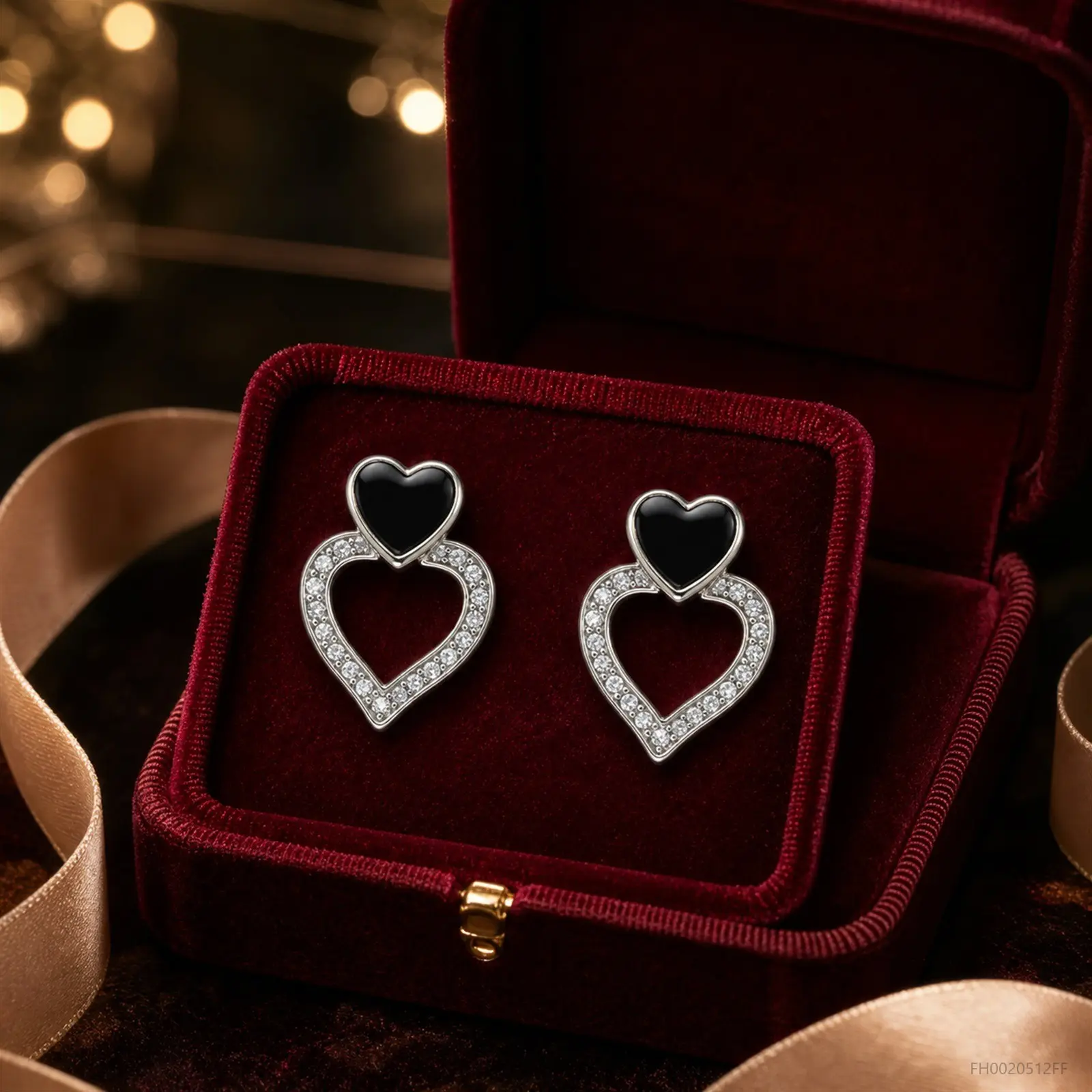 Double Heart CZ Drop Earrings S925 Silver Post, Sparkling Elegant Love Jewelry FH0020512FF
