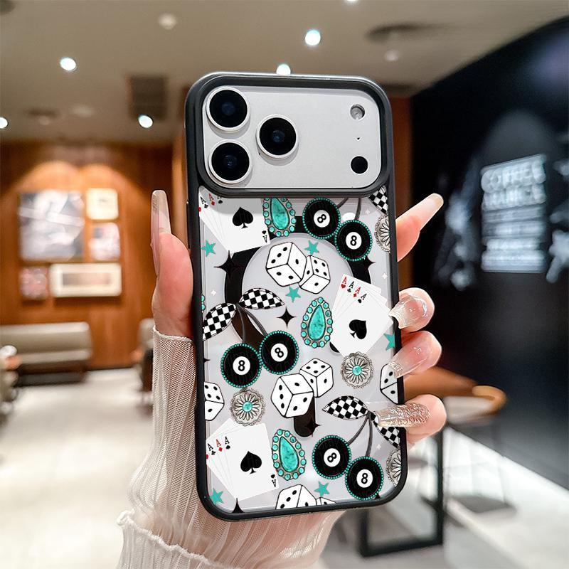 Western Bohemia No. 8 ball Cherry Playing cards Pattern Magnetic MagSafe Phone Case for iPhone 17 Air/16 Pro Max 15 Pro 14 13 12 11 Plus Shockproof Slim Protective Cover Casing
