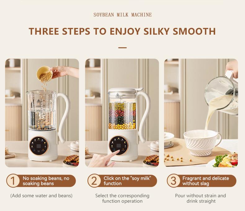 A breakfast essential for early risers! Stainless steel blades — 47.34 oz nut, milk, soy, and oat grinder; built-in heating baby food warmer; delayed start safety features; multifunctional blender for juice and almonds, no batteries required.