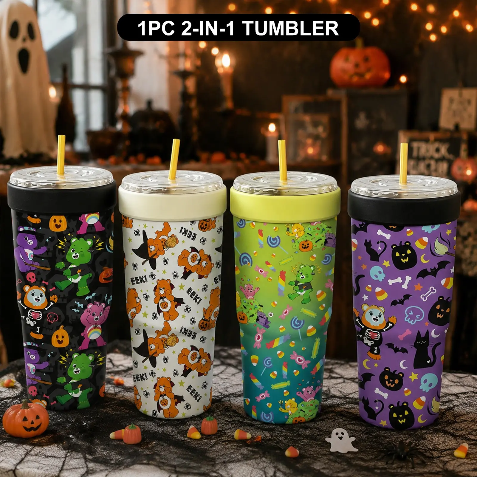1PC 32oz Cute Halloween Bear Print 2-in-1 Insulated Tumbler & Iced Coffee Cup Sleeve, Leak-Proof Double Wall Stainless Steel Travel Mug, Cold 12+H & Hot 6+H, Fits 16–32oz To-Go Cups, Holiday Gift for Friends & Family