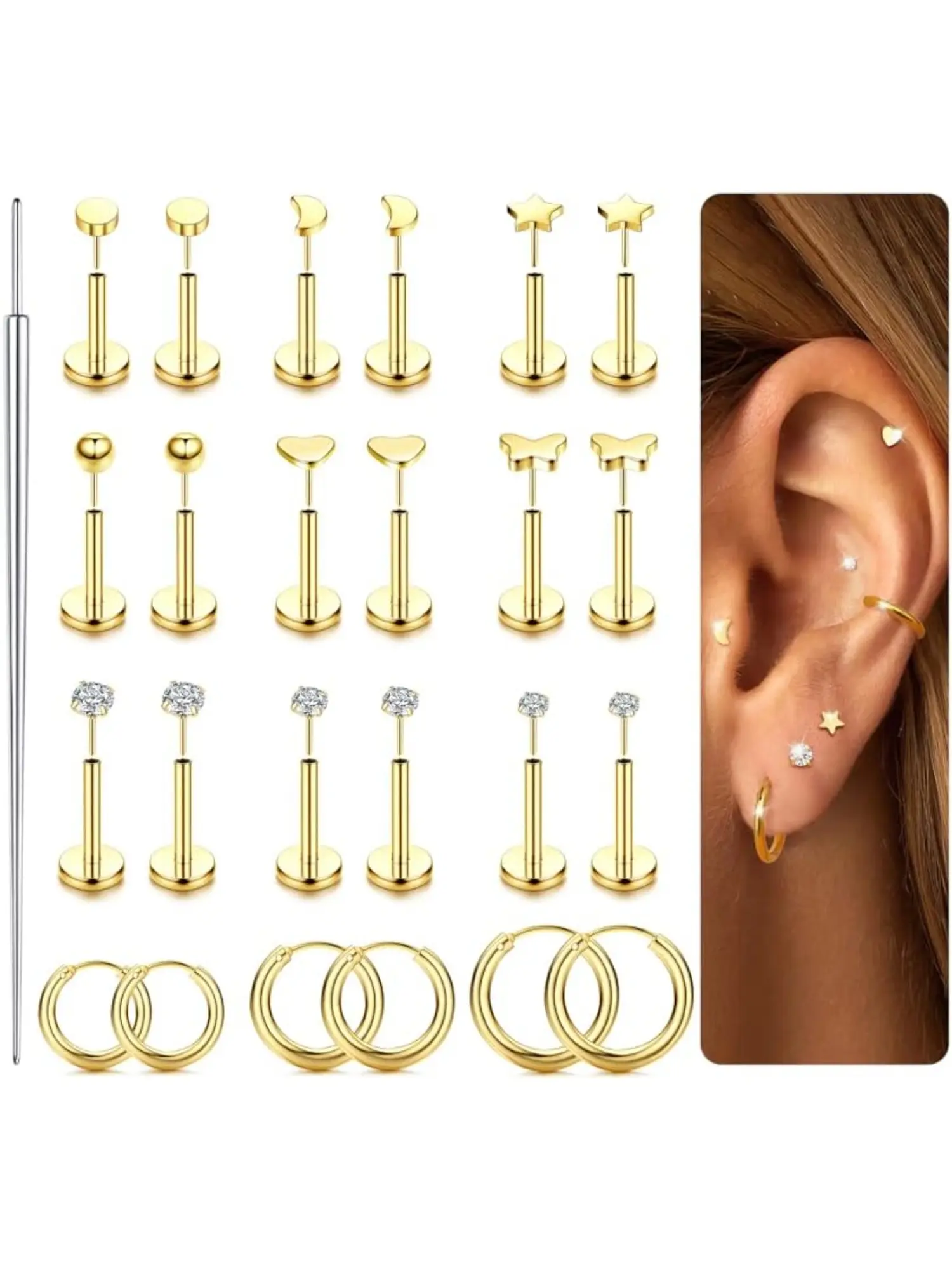 25Pcs Threadless Flat Back Earrings 316L Surgical Steel Cartilage Earrings for Women Men Hypoallergenic Small Hoop CZ Push in Flatback Stud Earrings 18G Flat Back Nose Stud Tragus Helix Conch Piercing Jewelry