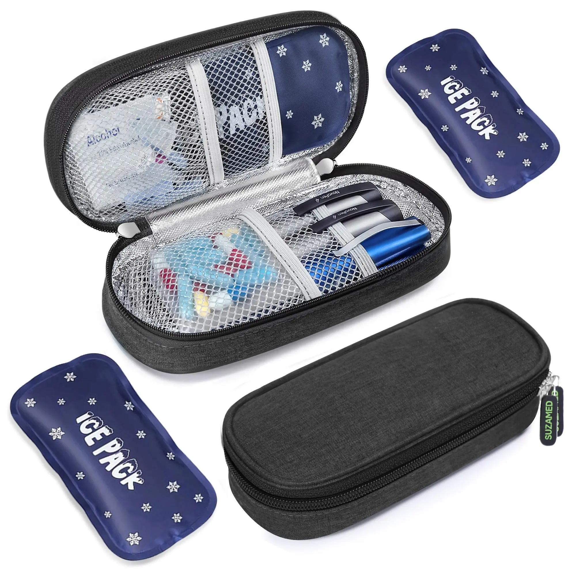 SUZAMED Insulin Cooler Travel Case for Diabetics - 8.27x3.54x1.57 Inches Insulated Storage Bag with Aluminized Film Inner Layer, 2x90g TSA-Approved Ice Packs for Pens & Medication, Ideal for Daily Use, Camping & Business Trips, 8.27 X 3.54 X 1.57 Inches,