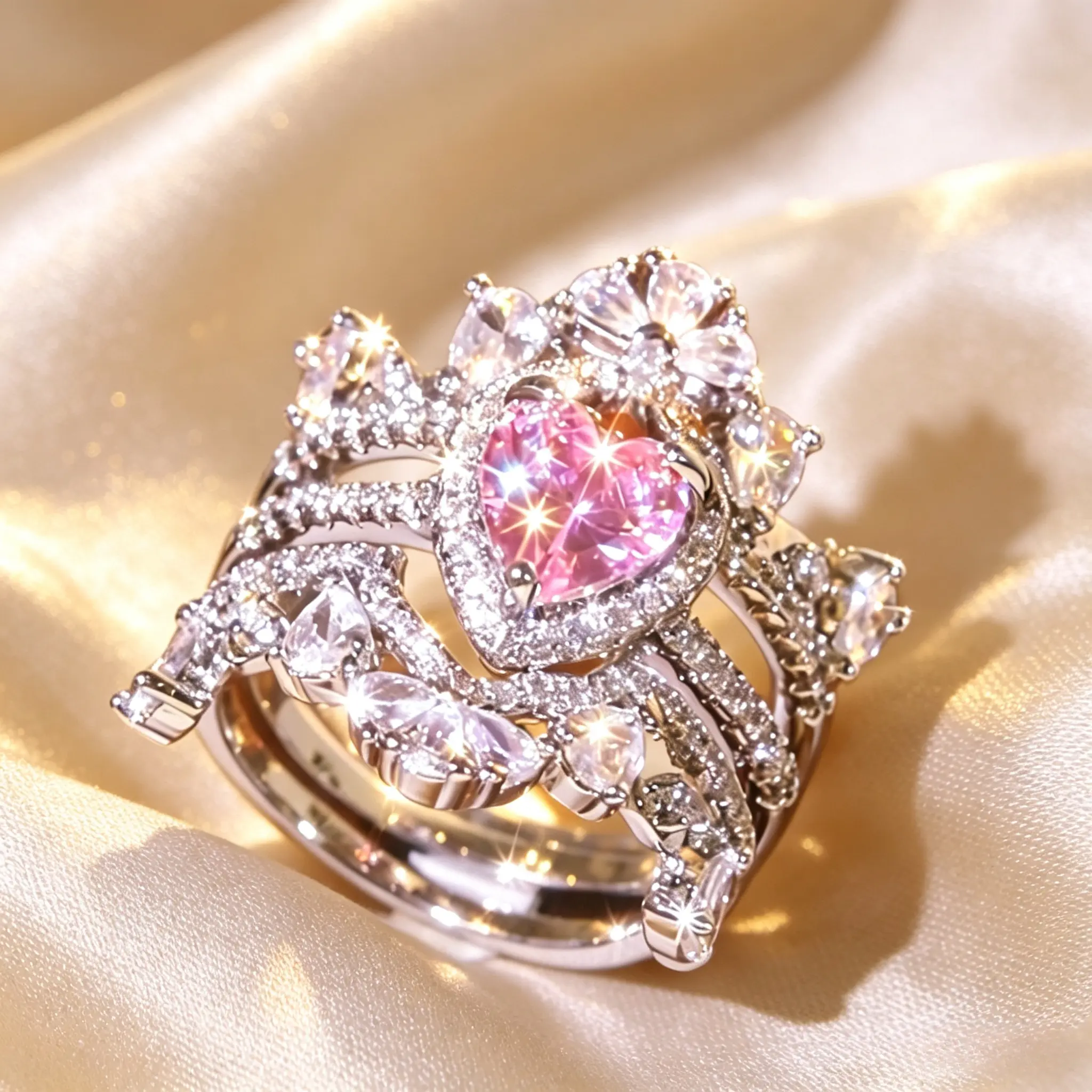 3-Piece Heart Cut Pink Stone Promise Ring Set, Silver Tone Floral & Pave Wedding Band Set, Bridal Engagement Rings for Women, Ideal for Bridal, Anniversary & Valentine’s Day Gift Occasions jewelry