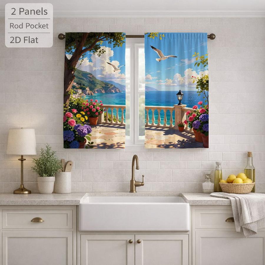 2Pcs Mediterranean Coastal Seascape Seagull Balcony Pattern Sun Blocking Curtains Digital Printed Rod Pocket, Window Treatment For Bedroom Office Kitchen Living Room Study Home Decor