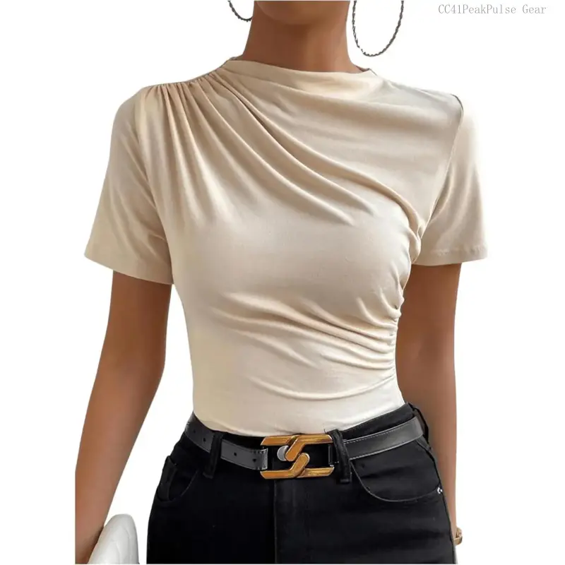 Women's Ruched Mock Neck T Shirt Short Sleeve Fitted Summer Basic TopsCC41PeakPulse Gear