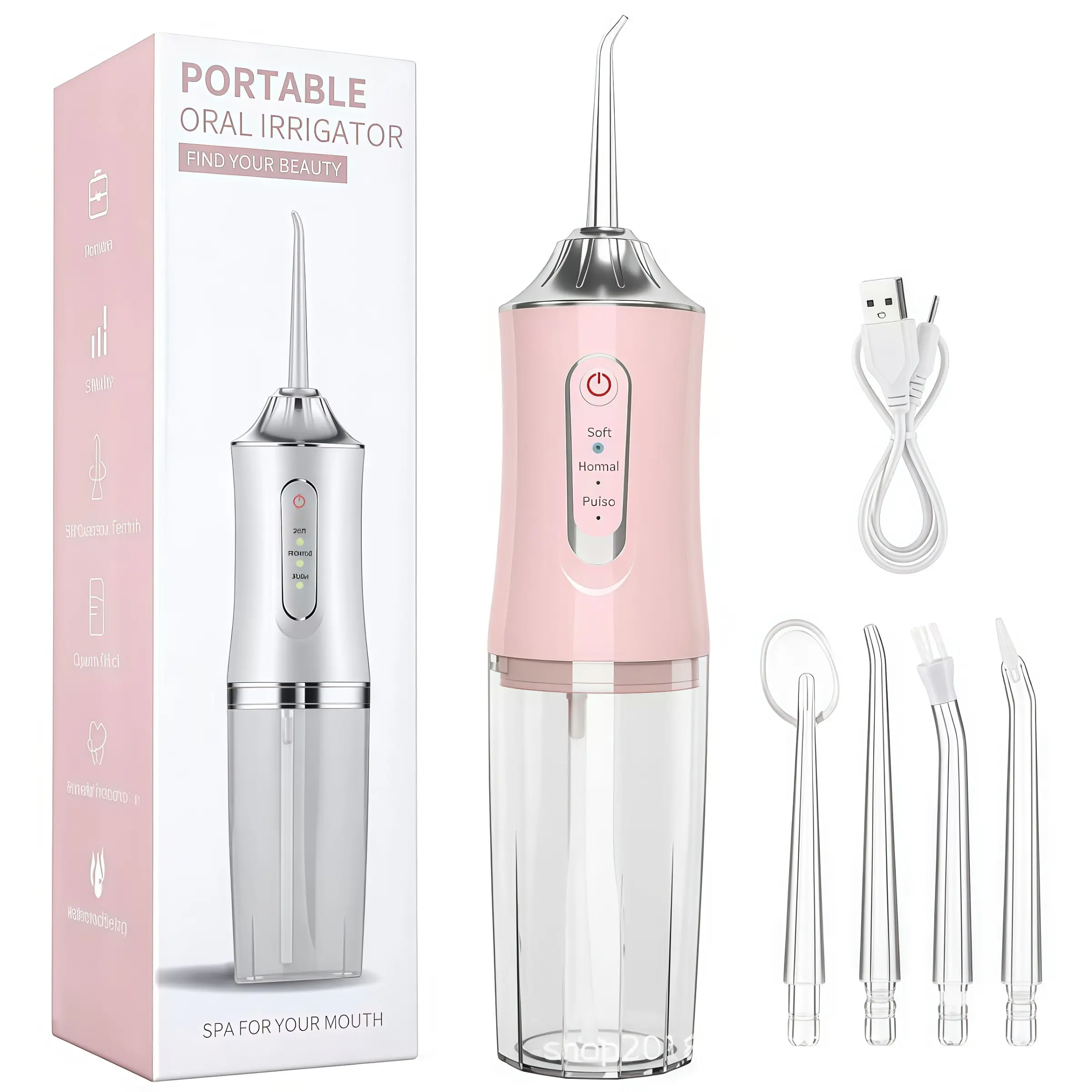 USB Rechargeable Handheld Water Flosser with 4 Nozzles for Home and Travel, Cleans Food Debris Between Teeth, Electric Water Flosser, Portable Oral Irrigator, Dental Care Cleaner, Cleansing