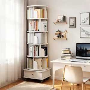 5/6-Tier Rotating Bookshelf with Drawer & Wheels – 360° Display Round Spinning Bookcase, Space-Saving Tower for Bedroom, Living Room, Home Office – Warm Wood Finish – TK Smart Storage