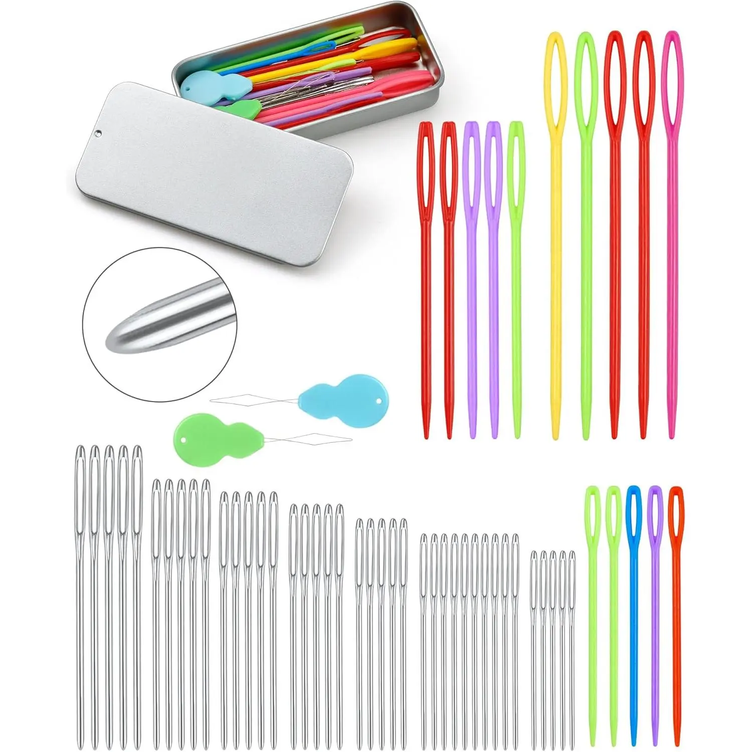 55 count Yarn Needles Large Eye for Crochet, 8 Sizes Stainless Steel Yarn Needles & 3 Sizes Plastic Needles for Crochet, Darning, Weaving, and DIY Crafting with Threaders