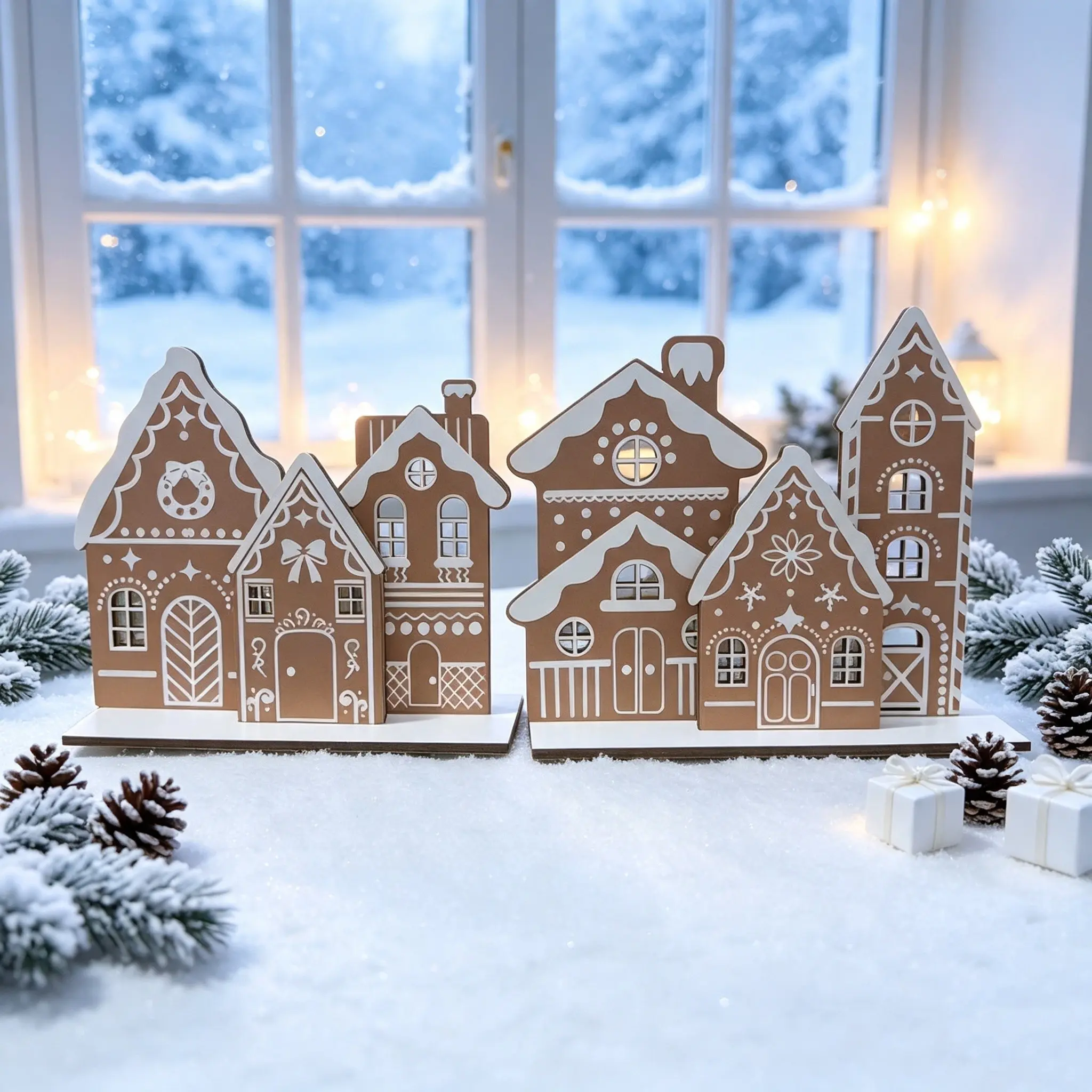 Handmade Wooden Gingerbread Village Set, Cute Christmas Table Centerpiece, Snow Scene Pinecone Accent, 2 Sets Included