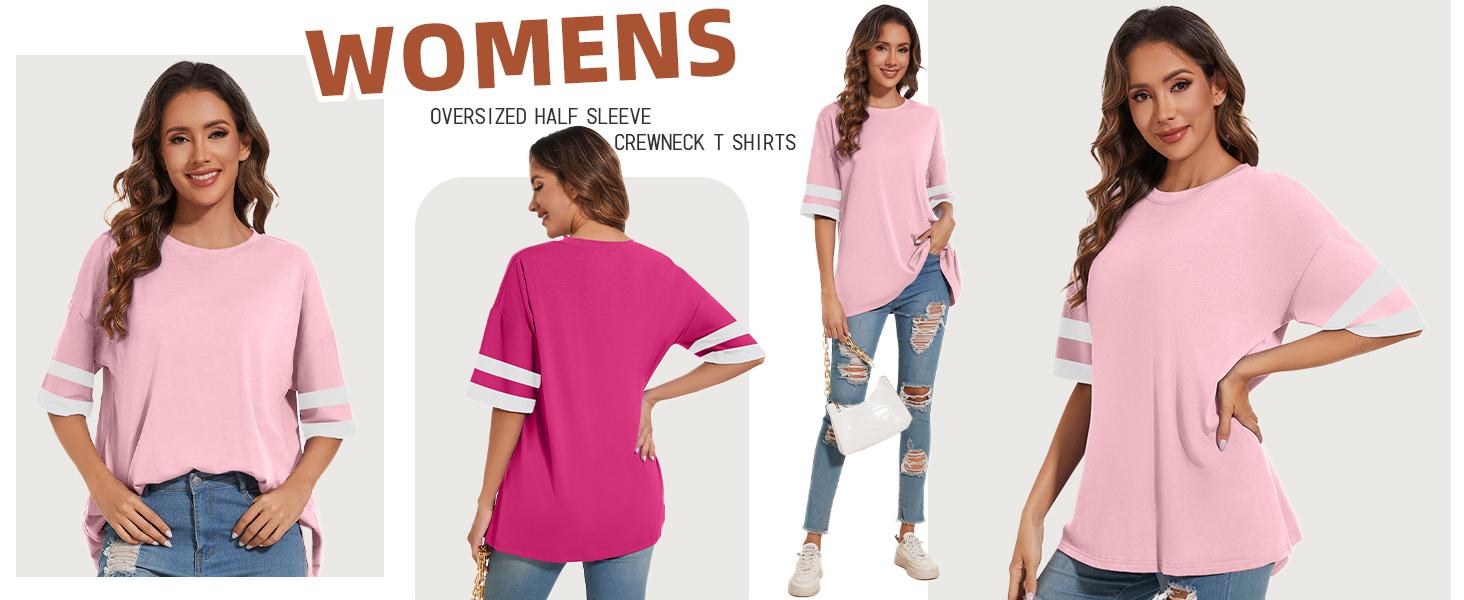 Women's Oversized T Shirts Round Neck Striped Tees Summer Half Sleeve Casual Comfy Cozy Cotton Tunic Tops
