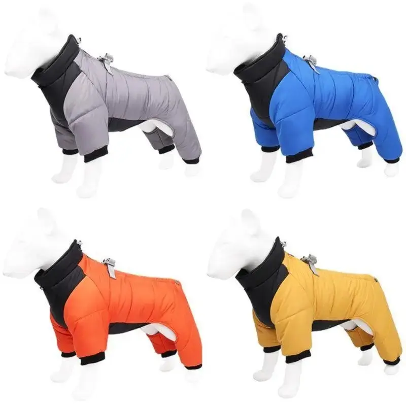 Dog Fleece Lined Jumpsuit - Plain 4-Legged Full Body Cold Weather Snowsuit with Harness Built-In, Warmth Boost Wear for Small-Medium Dogs, Multiple Colors