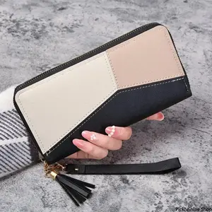 Women's Contrast Color Patchwork Long-Zipper Faux Leather Wallet - Tassel Wristlet Phone Clutch, Large-Capacity Organizer with Multi Card Slots & Wrist Strap, Minimalist Daily Travel Accessory Wallets