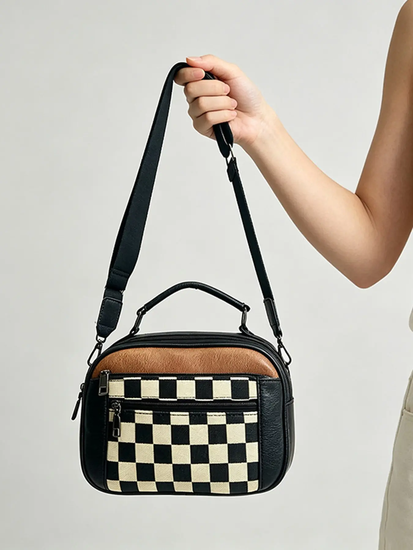 Vintage Checkerboard Crossbody Bag for Women, Retro Faux Leather Top Handle Satchel Purse, Multi Pocket Casual Shoulder Handbag