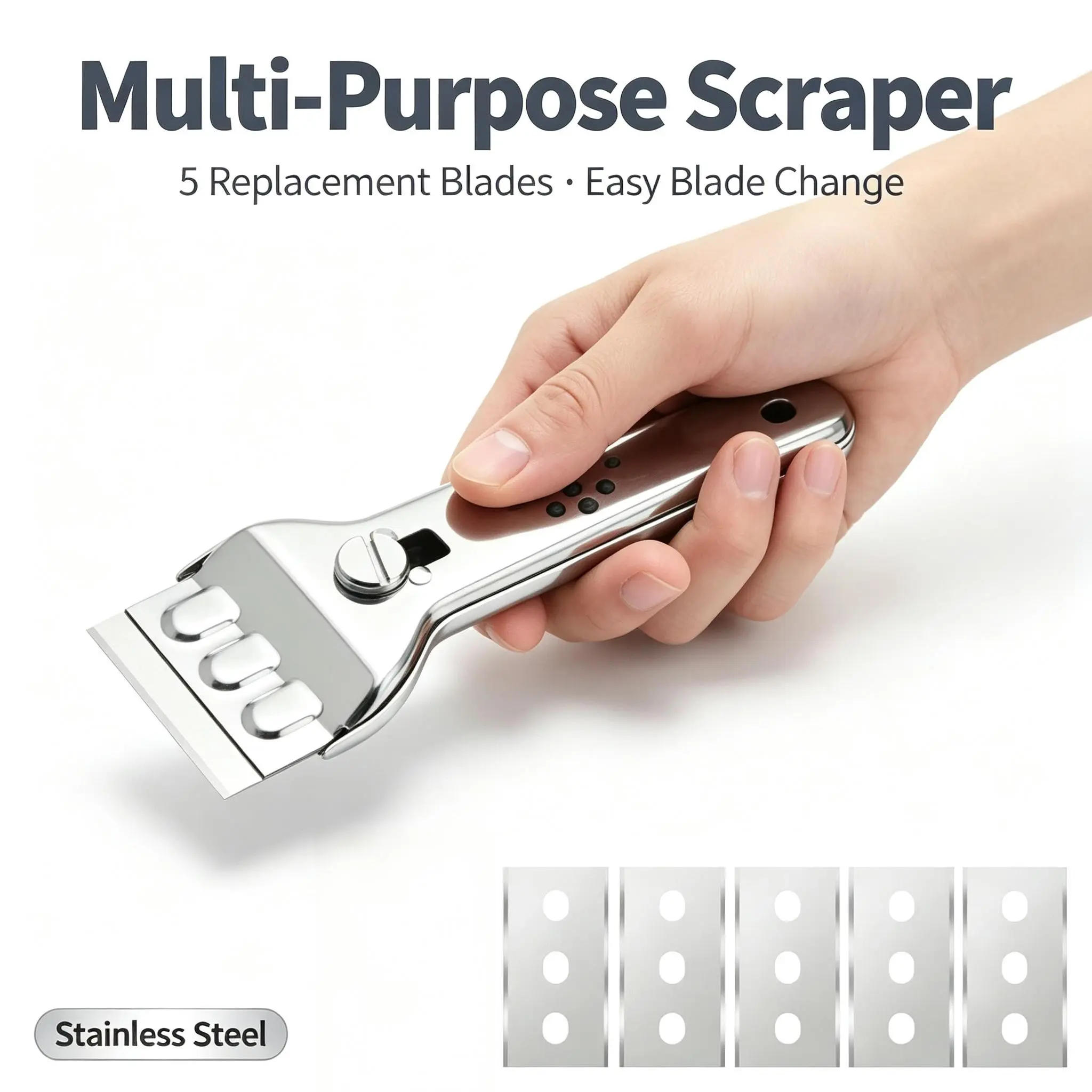 Stainless Steel Cleaning Scraper with 5 Replacement Blades, Heavy Duty Razor Blade Scraper Tool for Removing Stickers Paint Adhesive Grease, Ideal for Glass Stove Top Oven Window Floor, Tough Scraper