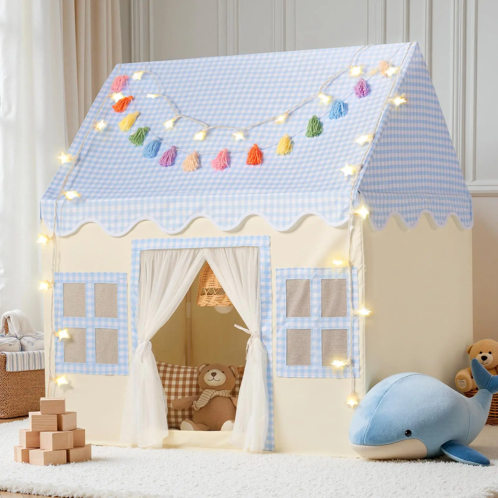 Sumbababy Halloween Kids Outdoor Play Tent Washable Playroom with Padded Mat, Blue Checkered, Star Lights Toys Gift Game Fun Indoor Playground