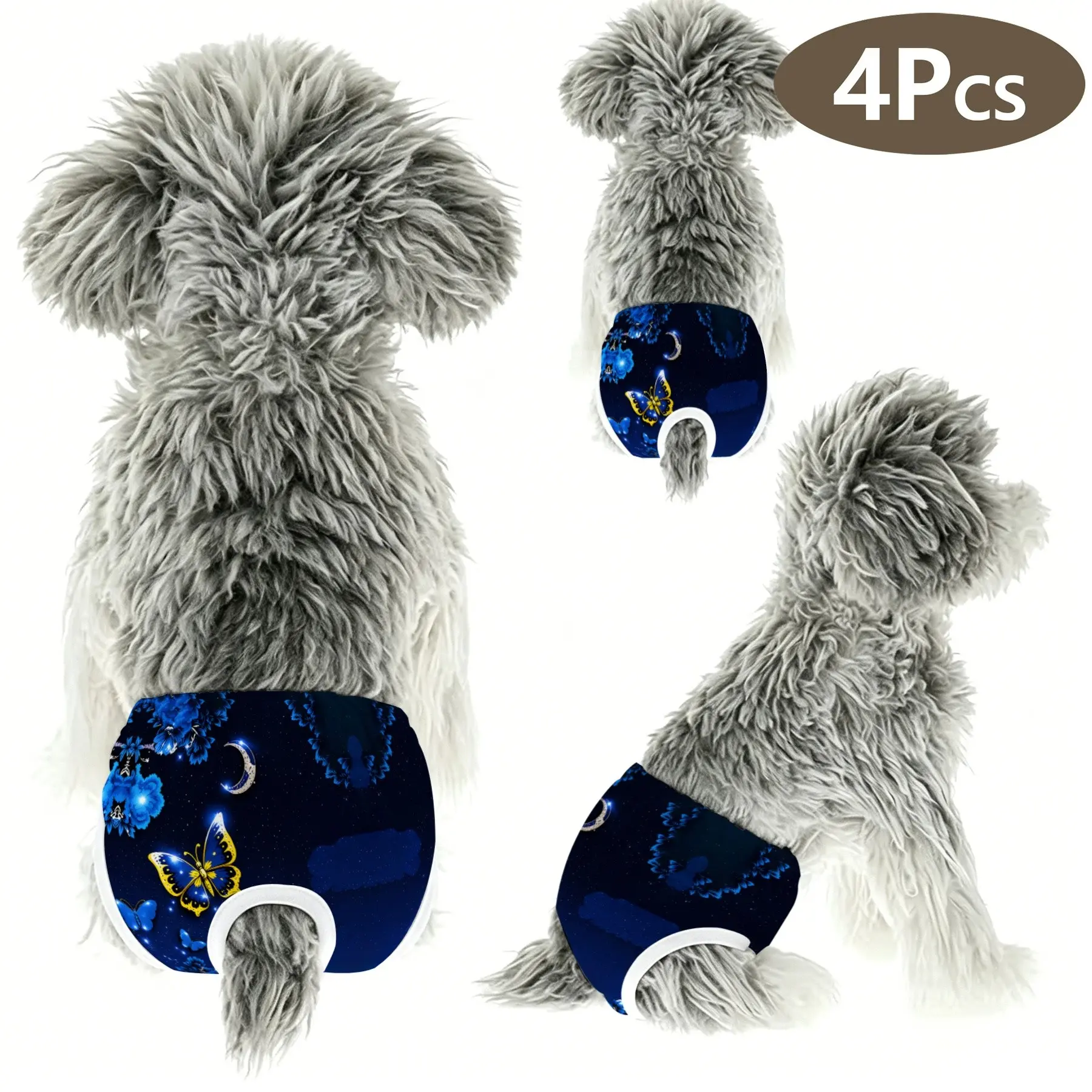 4-Pack Cute Pet Blue Butterfly Print Panties, Unscented, for Dogs & Cats, Anti-Interference Underwear, Ideal for Holidays, Home, Travel