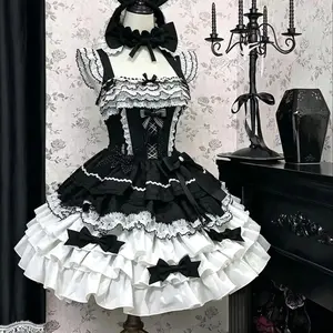 Summer Japanese Lolita Dress JKS Women Slim Lace-up Bow American Vintage Dress Sets Evening Party Clothing Kawaii Dress