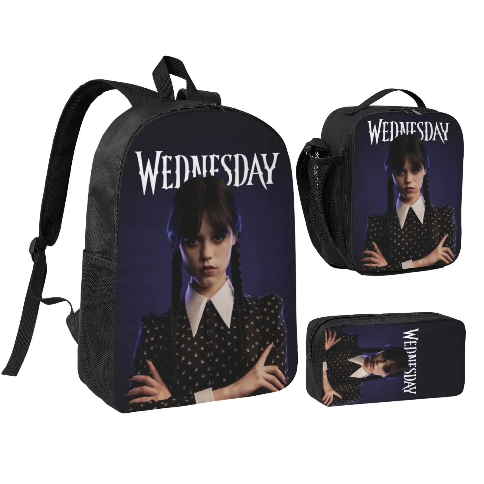 Anime Wednesday1 Kids' School Bag Set - Foam-Padded, Zip-Closure Graphic Backpack with Adjustable Straps, Reusable Lunch Box & Pencil Bag for Kids, Christmas Gifts for School & Travel, Parties, Polyester, Printed, Cute