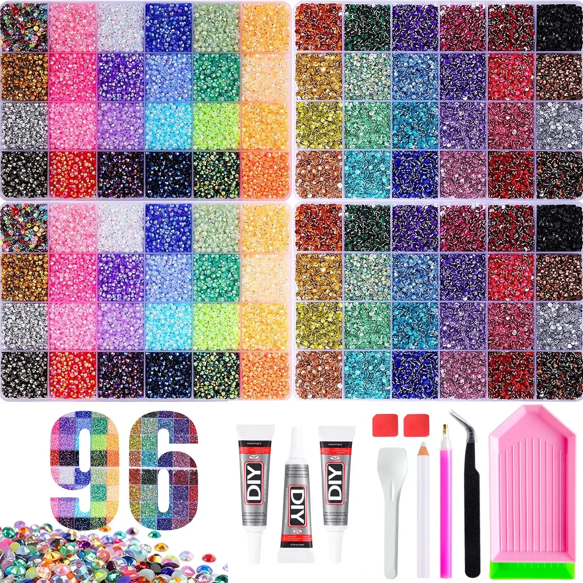 96-Piece Large Capacity Shiny Nail Art Flat Back Rhinestones Set, Rainbow Mixed Color Ab Rhinestones, DIY Craft Kit for Clothing, Cups, Shoes, Fabric, Nails，Bedazzling Kit 96 Colors Resin Jelly Rhinestones, - Christmas Birthday Gifts for Women