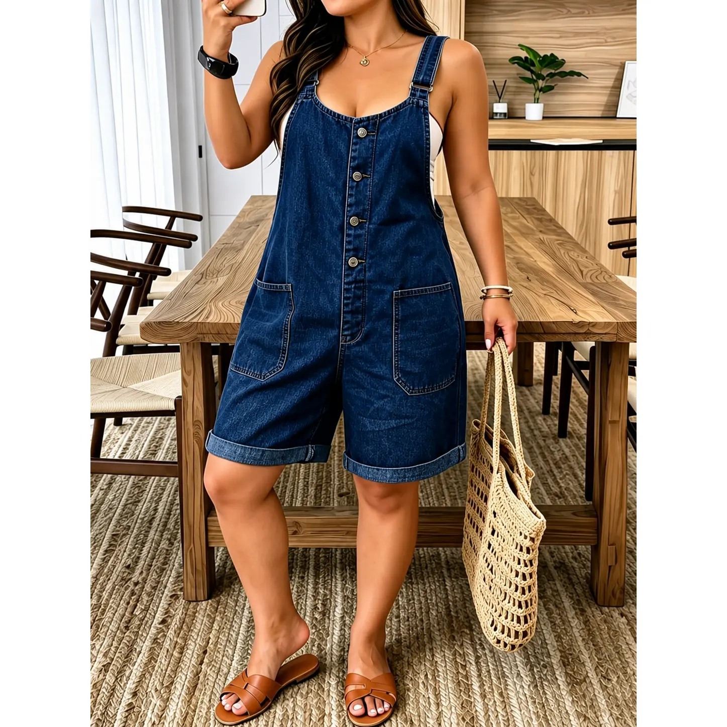 Women's Short Denim Overalls for Ladies - Breasted, Washed, Loose-Fit, Half Sleeve, Above the Knee, Large Pockets, Cute Sweet Tooling Shoulder Strap Jeans, Lady, Cotton Denim, Basic, Casual, Multi-Size
