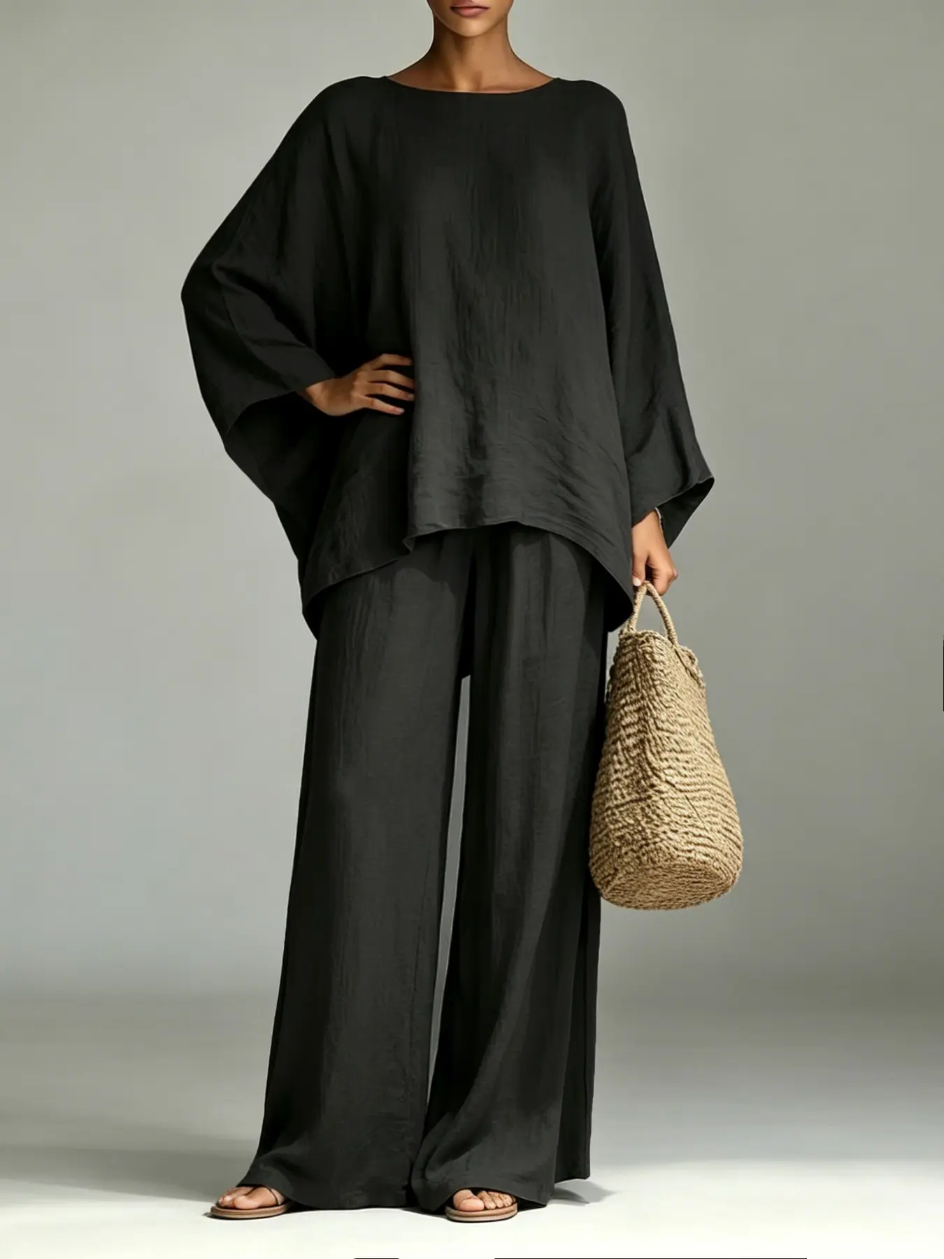 F6473 That Girl Minimalist Relaxed Loose Matching Suit, Batwing Crew Neck Blouse With Irregular Wavy Hem, Lightweight Airy Wide Leg Trousers, Quiet Luxury Outfit for Daily Life & Travel Holidays.