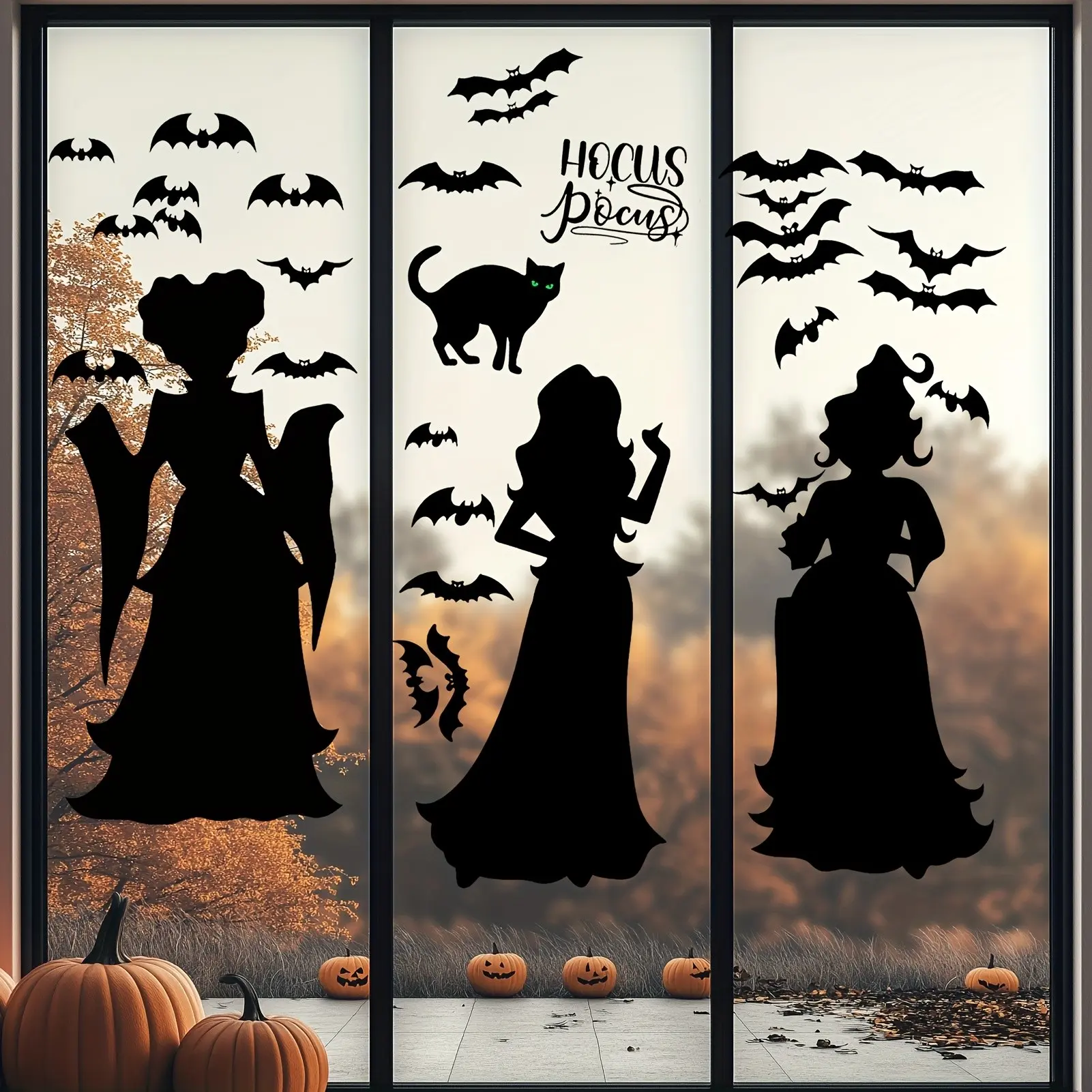 Halloween Witch Silhouette Window Sticker, Cat Bat Removable Waterproof Wall Decor, Bedroom Party Glass Window Decoration
