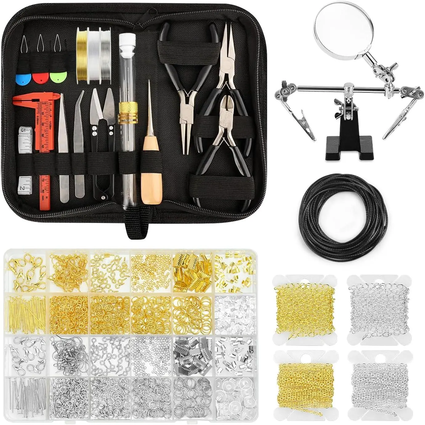 Unisex Jewelry Craft Beginner Starter Kit, Permanent Adult Making Supplies with Tools, 4 Necklaces, Pliers, Wires, Findings, Magnifier & Storage Bag for DIY Jewelry Projects