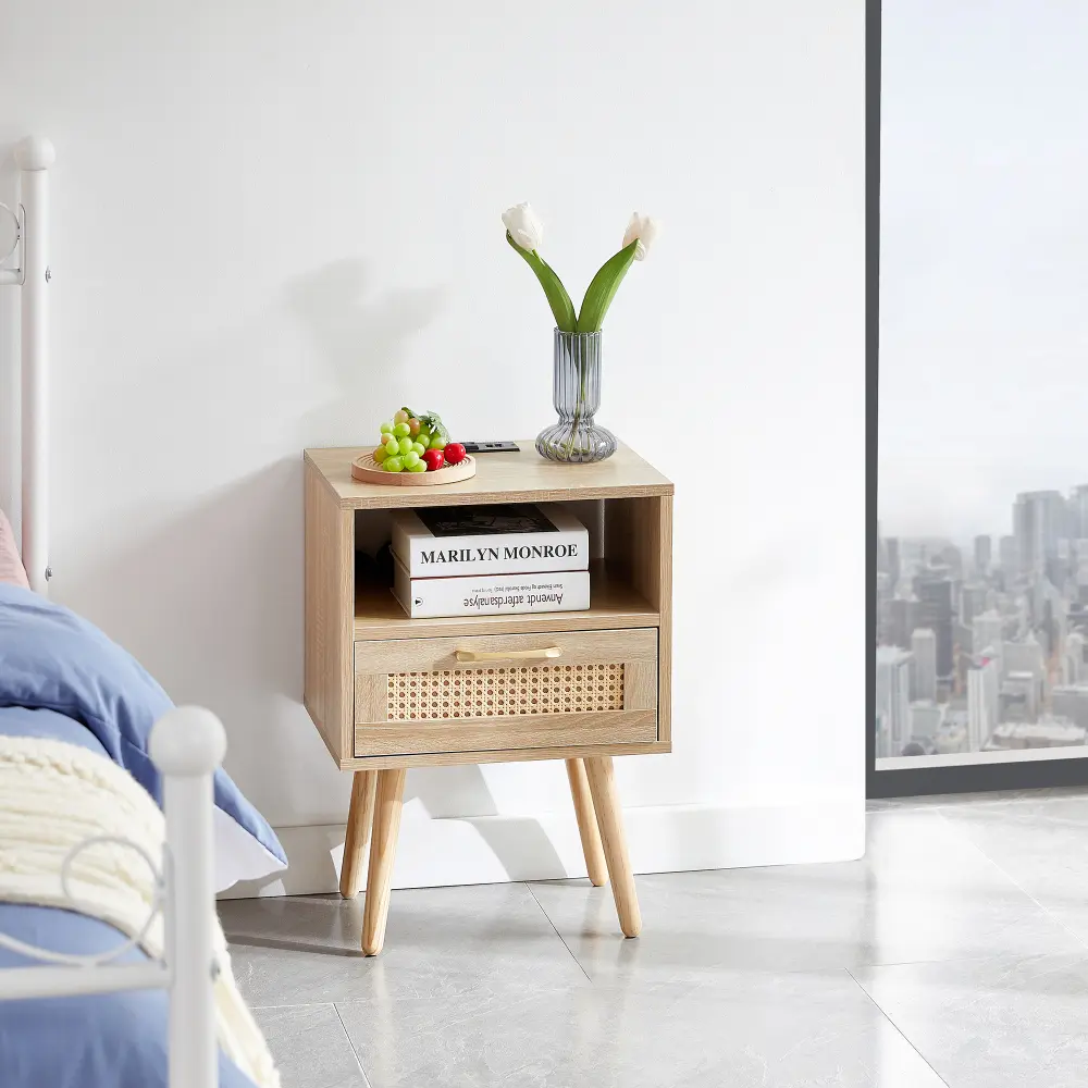 15.75" L x 11.81" W x 22.05" H Rectangle Rattan End Table with Power Outlet & USB Ports, Modern Nightstand with Drawer & Solid Wood Legs, 19.58lbs/Pcs 120lbs Capacity Side Table for Living Room, Bedroom, Natural, Assembly Required, Contemporary End Table,