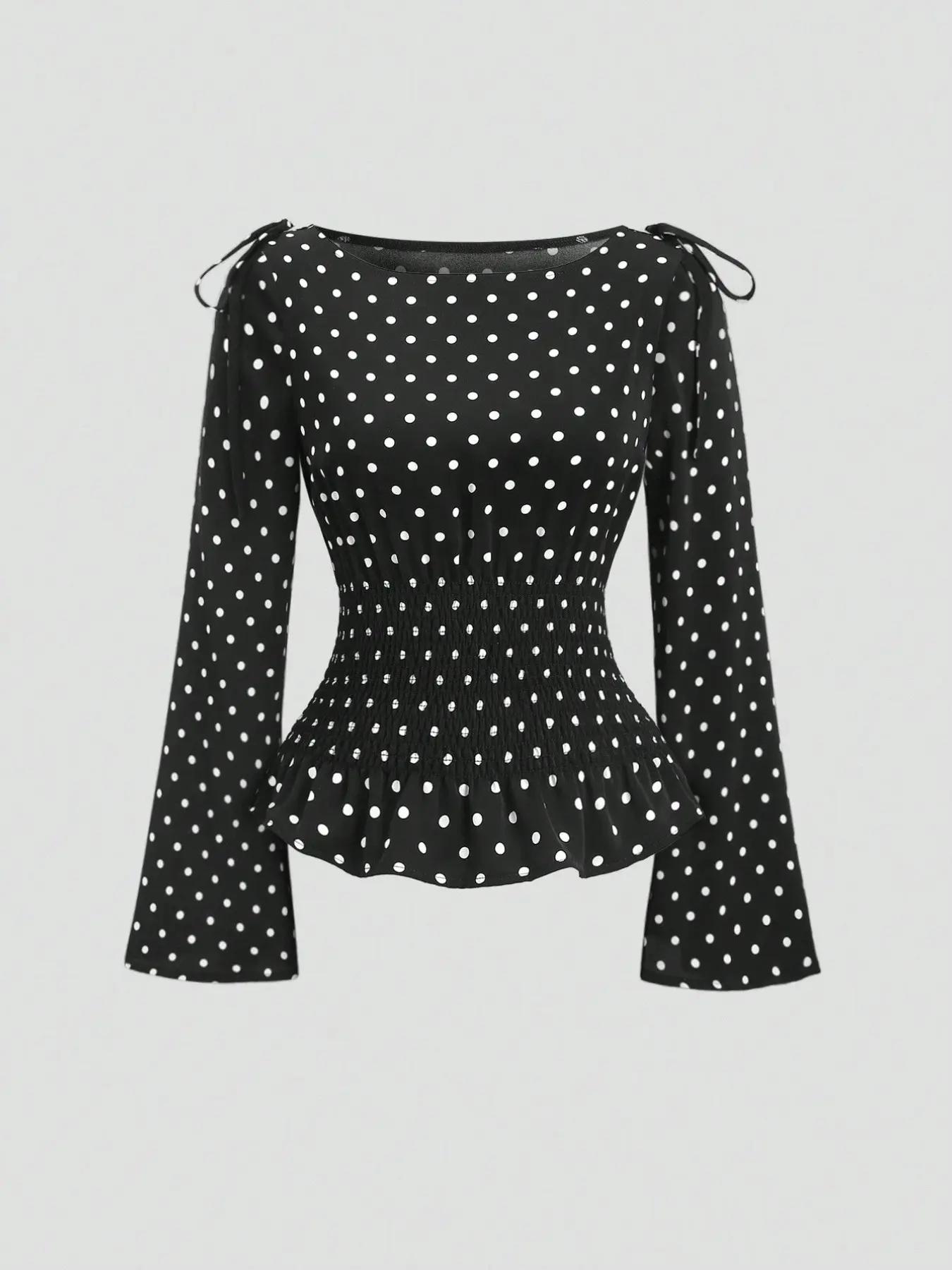 Women Vintage Polka Dot Long Sleeve Blouse, Black, Tie Detail Flare Sleeve Top, Smocked Waist Ruffle Hem Slim Peplum Shirt, Elegant Casual Retro Cute Daily Going Out Cropped Blouse 2 Colors Available