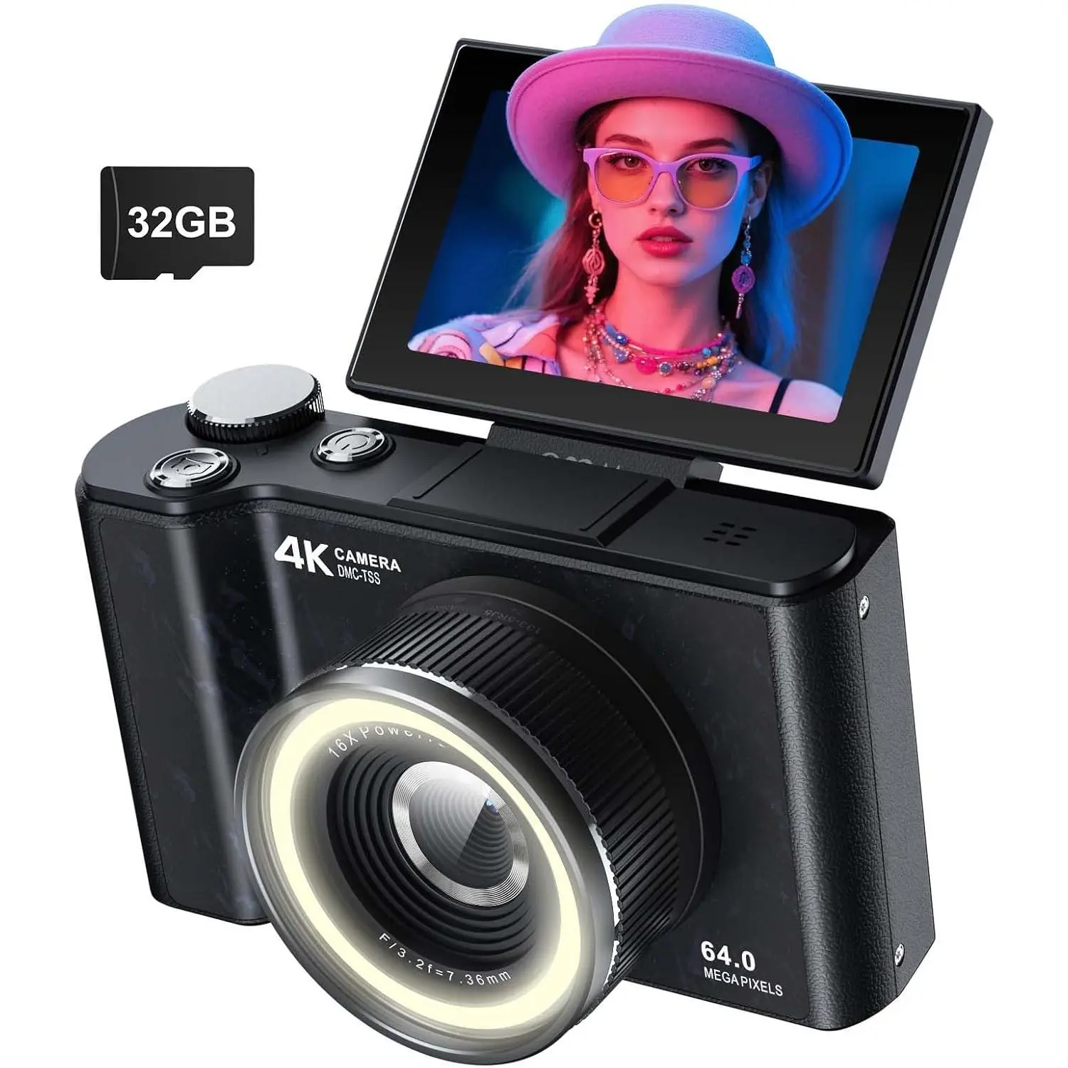 Digital Camera  Teens,Y2K CCD  Digital Camera ith 32G SD Card,180° Flip Screen Camera  Phtgraphy Vlgging ith Fill Light, Pint and Sht Digital Cameras  Beginner(Black)