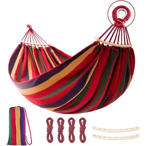 Hammock, Cotton Canvas Hammock Portable Camping Hammock with Carrying Bag Two Anti Roll Balance Beam Metal Carabiner Ropes and Tree StrapsSuit for Indoor,Yard,Camping,Outdoor-Rainbow