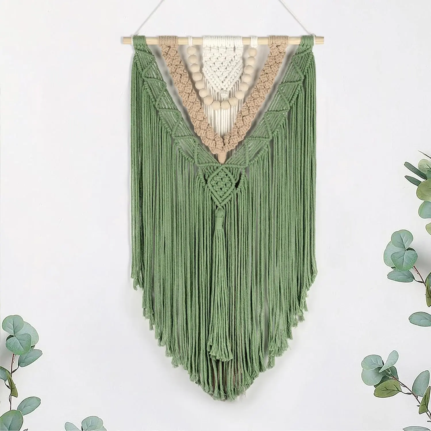EOBTAIN 30-Inch Hangable Green Macrame Wall Hanging, Handmade Geometric Triangular Cotton & Wooden Beads Tassel Boho Home Decor, Cotton Cord Craft for Nursery Living Room
