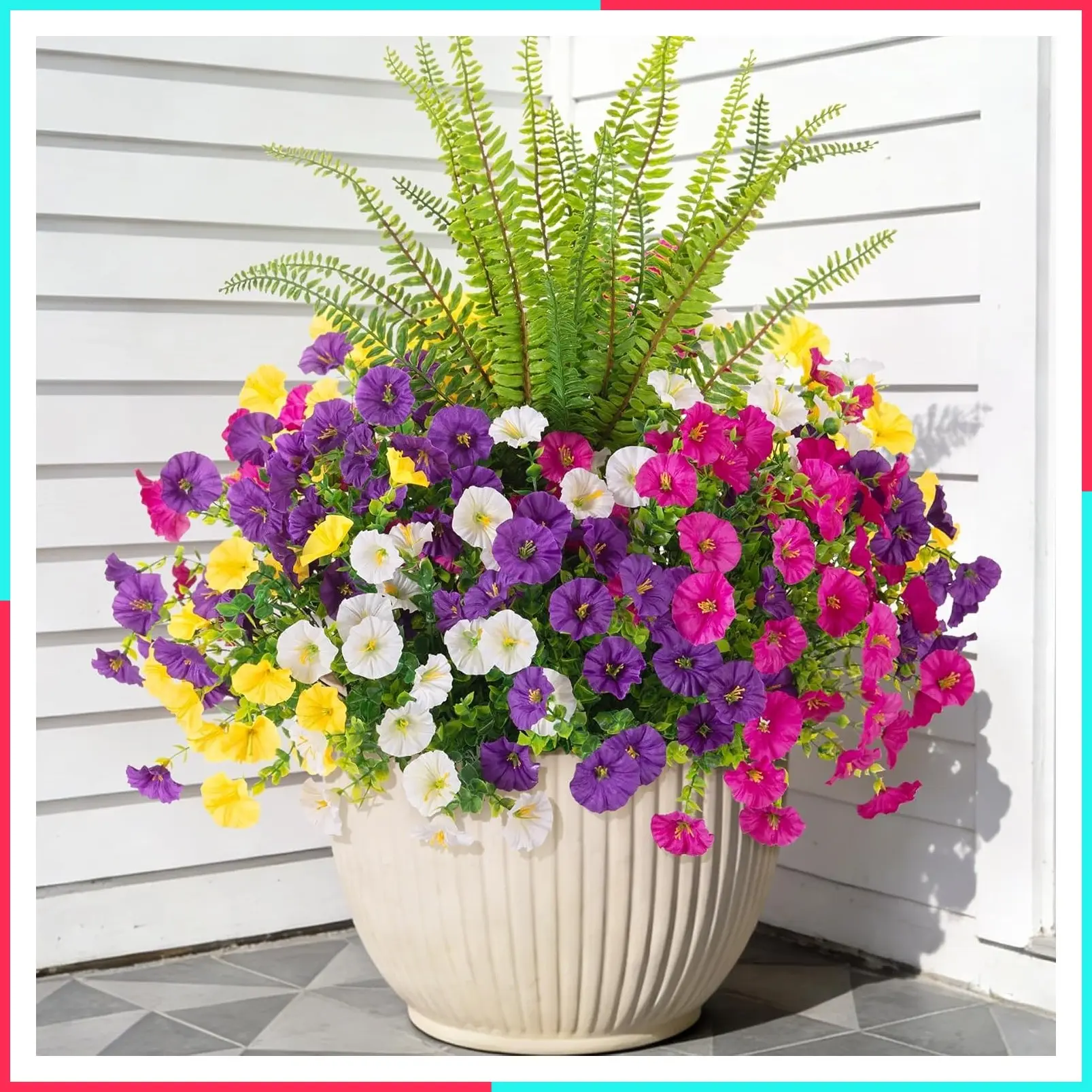 12 Bundles Artificial Morning Glory with Boston Fern Silk Flowers, UV Resistant Realistic Faux Plants for Outdoor Indoor Decoration, Planter Yard Patio Garden Home Urn