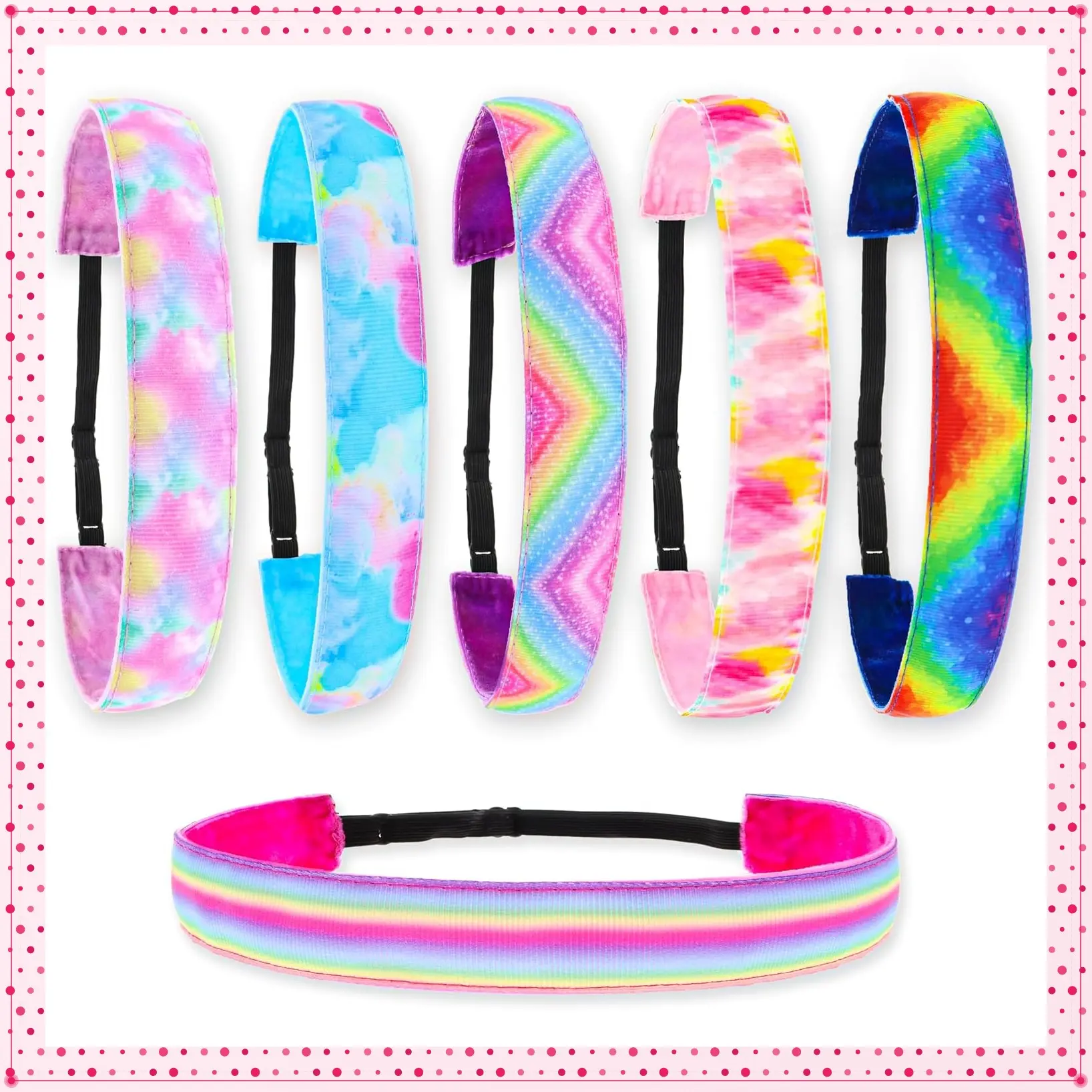6 Pack Adjustable No Slip Headbands for Girls & Women, Athletic Sport Hair Bands for Kids, Stretch Elastic Fabric Hair Accessories, Tie DyeGift