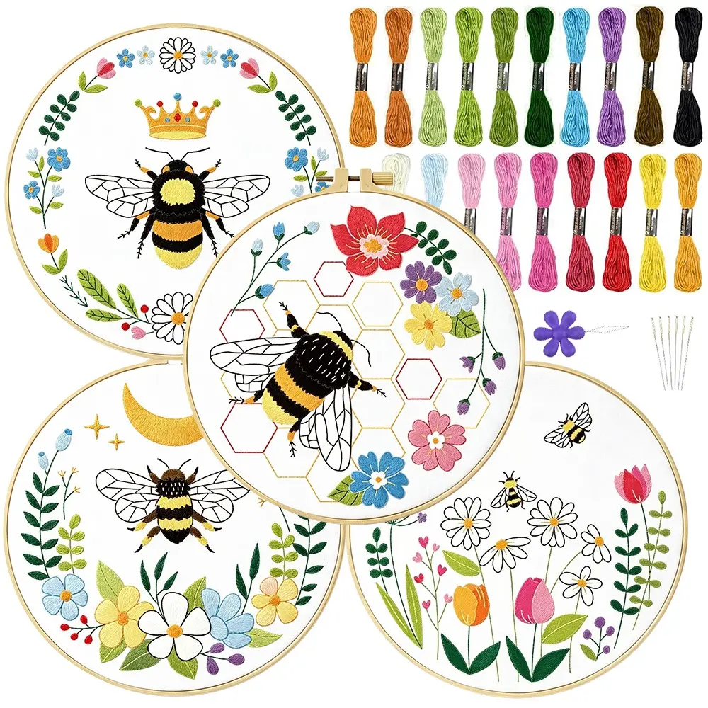 4-Piece Garden Bee Themed Embroidery Kit for Beginners, Perfect for Sewing Enthusiasts, Includes Thread, Tools, and 2 Hoops