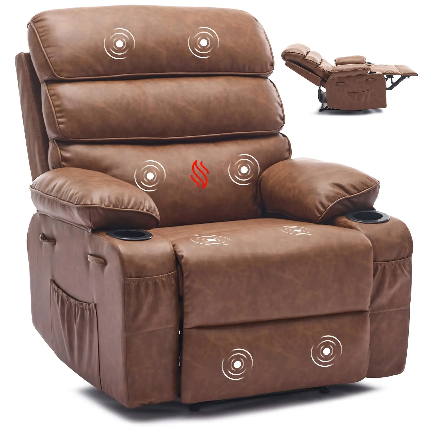 Oversized Extra Wide PU Leather Manual Recliner Chair - Massage & Heat Functions, 150° Recline, Cup Holder, Side Pockets, Black Oversized Lounge Chair