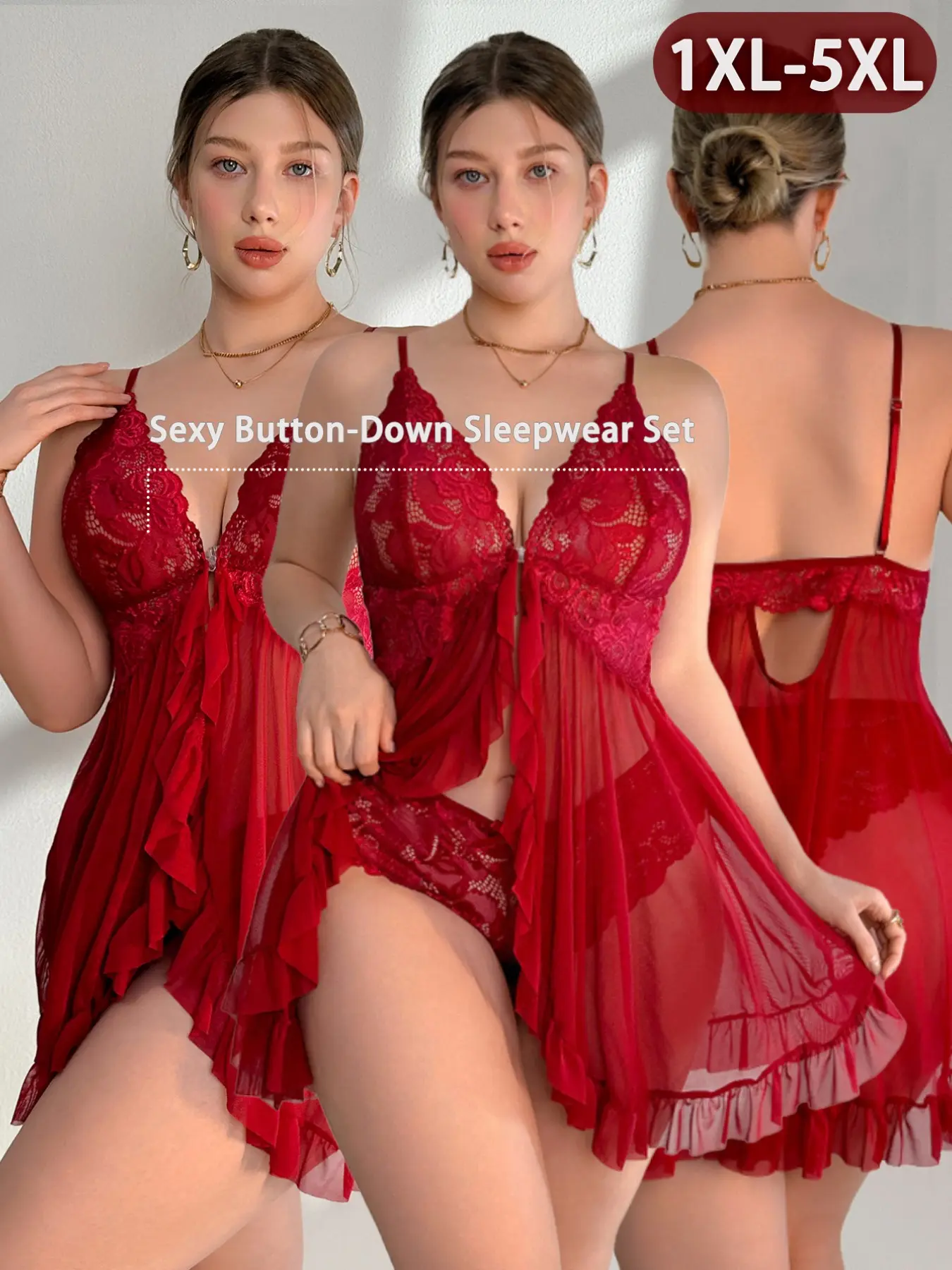 Plus Size Sheer Lace Loungewear Sleepwear Set, Floral Pattern Loose Fit Nightgown & Panties, Breathable Underwear for Home & Parties, Lingerie