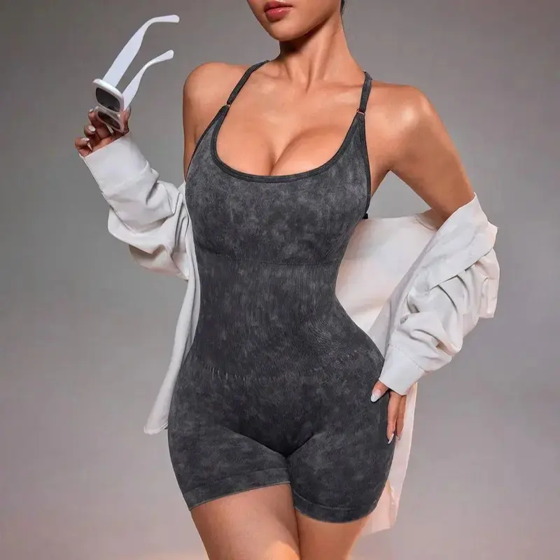 Distressed Washed Yoga Bodysuit Women - Seamless No Panty Line Strappy Dance Leotard, Vintage Soft Workout Unitard Gym,Padded,Tummy,Control
