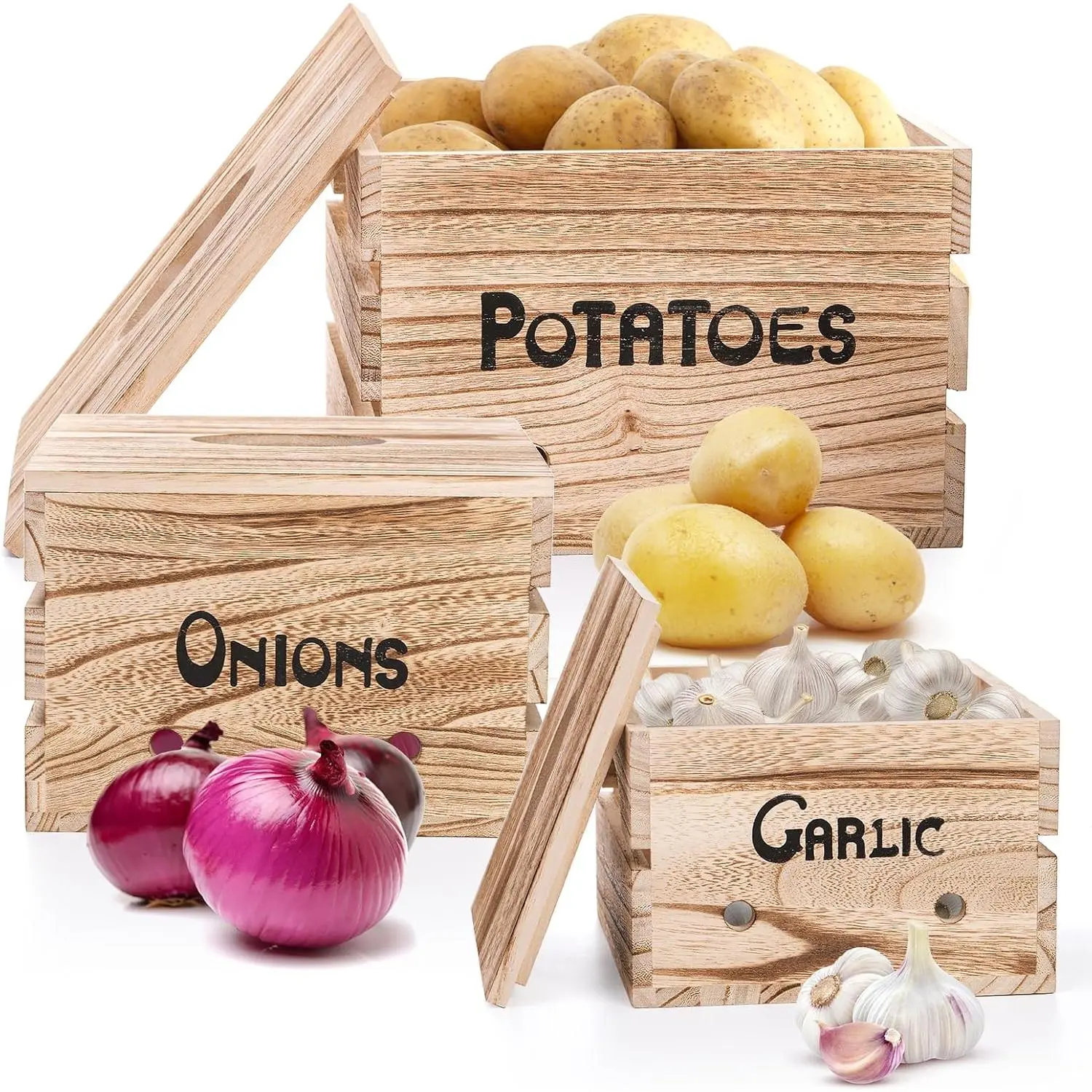 Frcctre 3-Pack Wooden Vegetable Storage Organiser Boxes Set - Paulownia Wood Stackable Canisters with Torched Finish, Ventilated Airtight Lids, Aerating Holes, 3 Sizes for Pantry, Farmhouse Kitchen Organization, Rectangular Bins