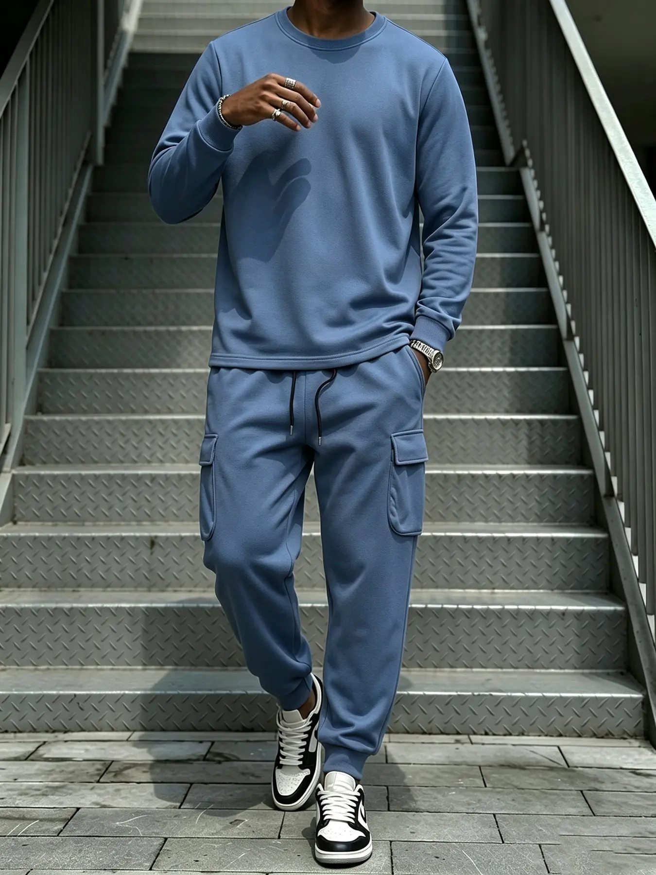 2 Piece Set Mauve Blue Round Neck Long Sleeve Sweatshirt and Cargo Pants, Soft Knit Fabric, Comfortable, Casual Daily Wear