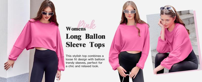 Imily Bela Womens Long Ballon Sleeve Sweatshirts Tops Cropped Crew Neck Loose Fit Casual Workout Shirts